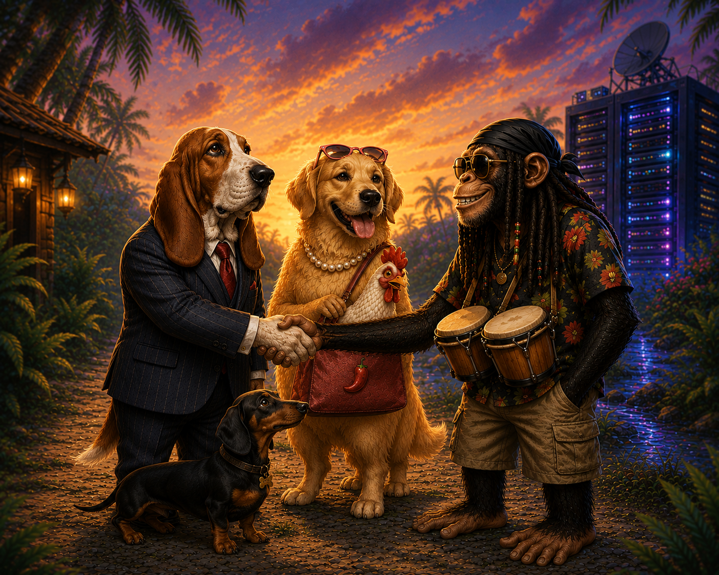 A suited Basset Hound shaking hands with Bongo, accompanied by a Golden Retriever, a Dachshund, and a chicken.